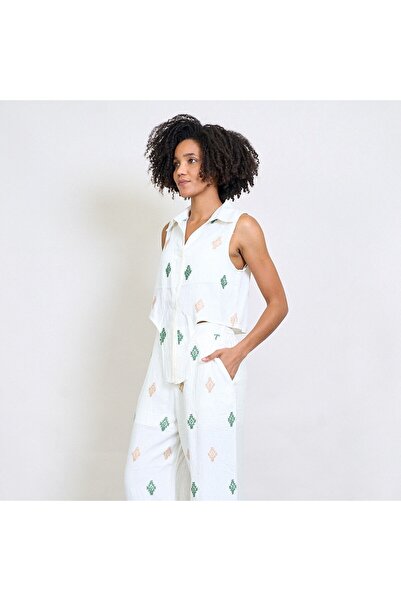 LA FIGURA Set top și pantaloni albi cu broderie