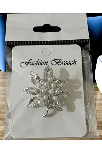 modamira İnci ve Taş Detaylı Özel Tasarım Yaprak Broş - Ebat : 4 cm
