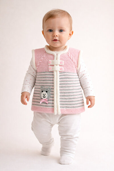 Aykır ı Bebe El Örgüsü Ayıcık Desenli Bebek Yeleği – 0-1 Yaş | %100 Pamuk