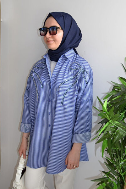 ASELA. قميص تونيك كبير الحجم مطرز بشريط أمامي