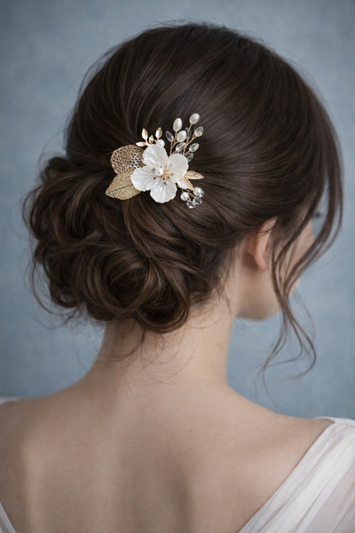 Eva Flore Çiçek Desenli İncili Yapraklı  Tarak Toka, Gelin Saç Aksesuarı