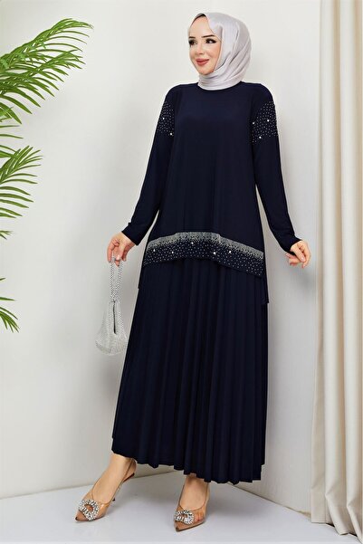 modamira Kadın Lacivert Sandy Büyük Beden Taş Detaylı Piliseli Davet Anne İki...