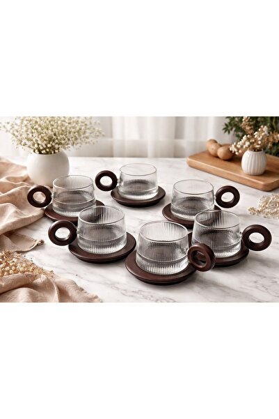 morponi Borosilikat Cam Akasya Saplı Çizgili Tasarmlı ve Akasya Tabaklı Çay K...