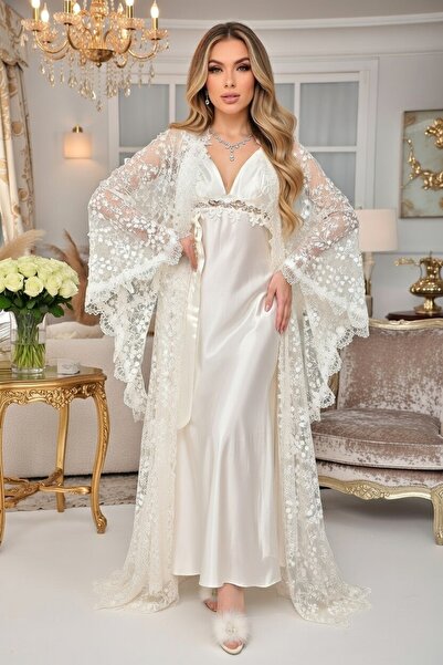 bigmama Long Robe Satin Nightgown Set Wedding Preparation Lace Honeymoon Dowr...