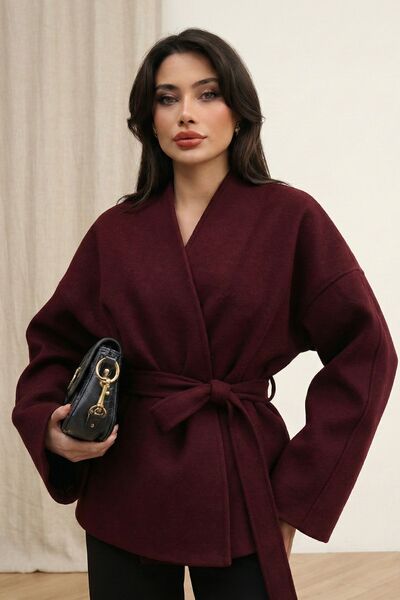 MetuCA Жіночий бордовий шарф з поясом, комір-шаль, оверсайз, з низькими плечи...