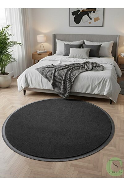 SerenitaHome Post/peluş Antrasit Yuvarlak Saçaklı Halı Yıkanabilir Kaymaz Tab...