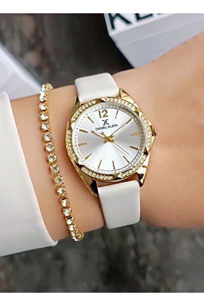 Daniel Klein Beyaz Deri Kayışlı taşlı Kadın Kol Saati