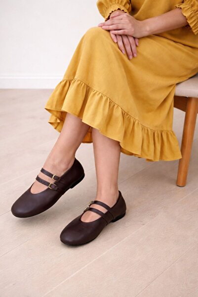 ESSO LA MİA Women's Stylish Genuine Leather Ballet Flats Brown Leather Ballet...