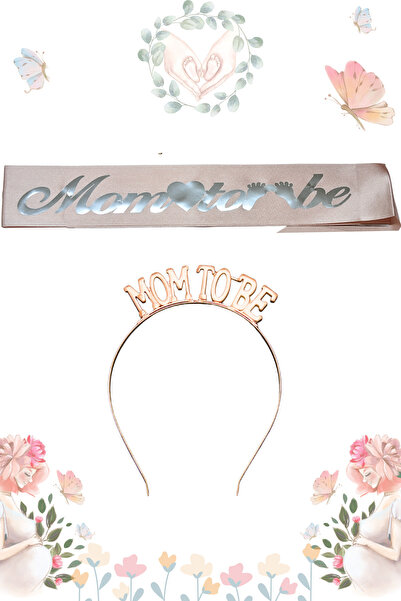 Larenya Mom To Be Metal Taç Ve Kuşak & Baby Shower Set & Pembe Gümüş Kuşak Rose Taç