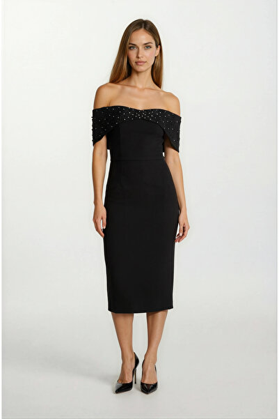 Spazio Orielle Düşük Kol Straplez İnci İşlemeli Kısa Abiye Elbise SİYAH