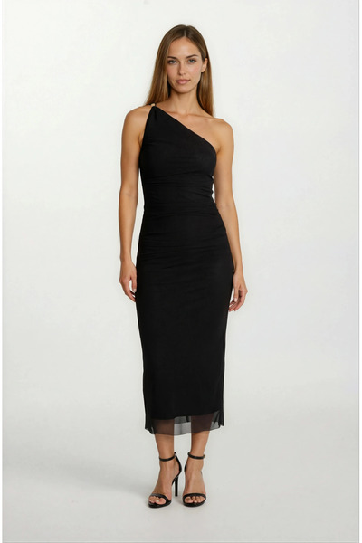 Spazio Falchetto Tek Omuz Yanı Büzgülü Midi Abiye Elbise SİYAH