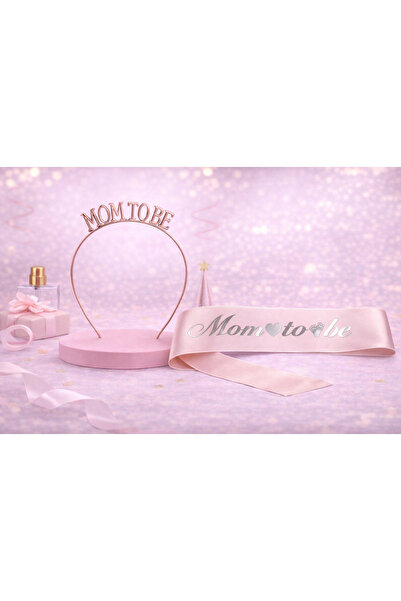 Larenya Mom To Be Metal Taç Ve Kuşak & Baby Shower Set & Pembe Gümüş Kuşak Rose Taç