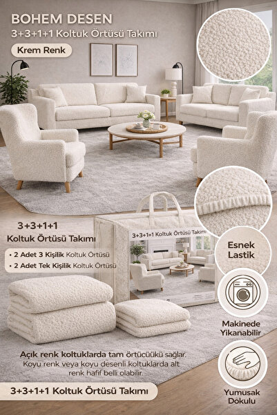 seltenet Bohem Desen krem Lastikli Koltuk Örtüsü 3+3+1+1 Takımı Esnek Lastikl...
