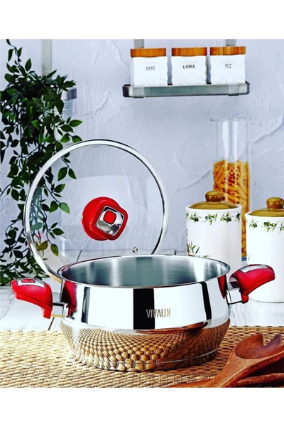 Vivaldi وعاء فيفالدي تومبو ستيل مع كوب أحمر عميق 24x14 6.5 لتر G769