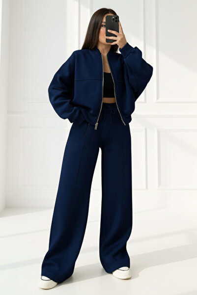 Runades Kadın 3 İplik İçi Polarlı Palazzo Bomber Eşofman Takımı