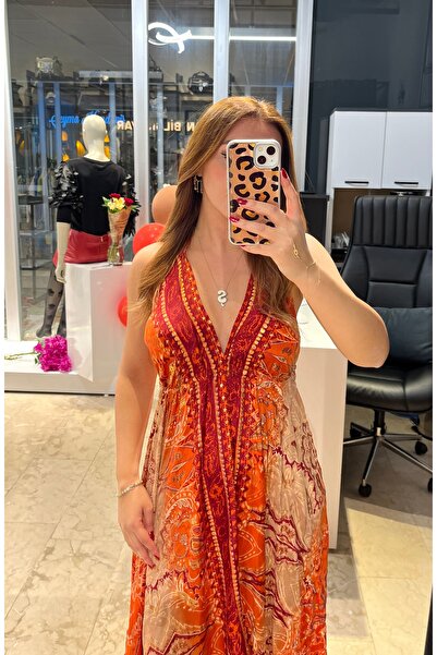 ŞEYMA KANDEMİR Turuncu Sırtı ve Boyundan Bağlamalı İpek Elbise