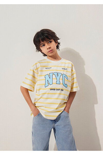 Mavi NYC Baskılı Çizgili Sarı Tişört Loose Fit / Bol Rahat Kesim 6610267-89179