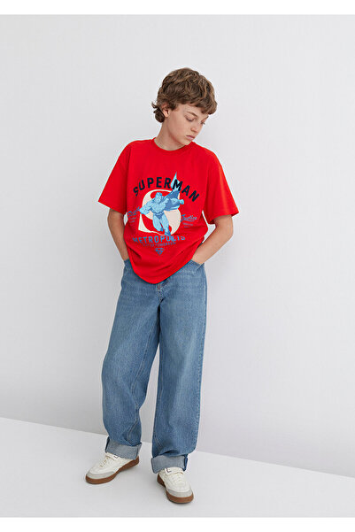 Mavi Superman Baskılı Kırmızı Tişört Loose Fit / Bol Rahat Kesim 6610293-88523