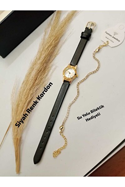 Brality Vintage Minimal Design Black Color Cord Women's Wristwatch - Gold Col...