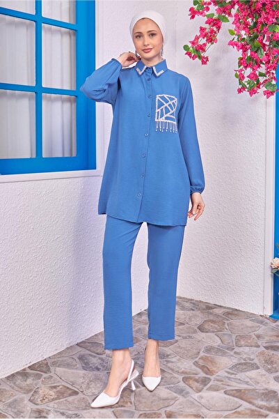 TRENDTESETTÜR KADIN LACİVERT (İNDİGO) TAŞLI PANTOLONLU TAKIM T 0193