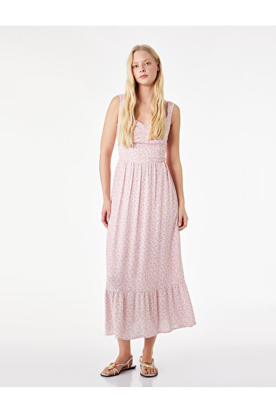 Koton فستان طويل بدون أكمام من الفيسكون مزين بالزهور وياقة على شكل قلب