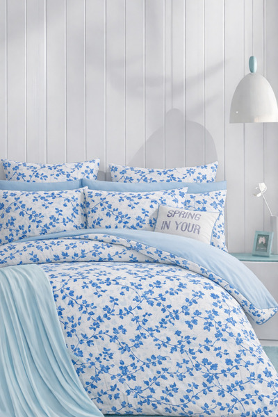 İQON طقم غطاء لحاف ملاءة مطاطية مزدوجة اللون أزرق اللبلاب