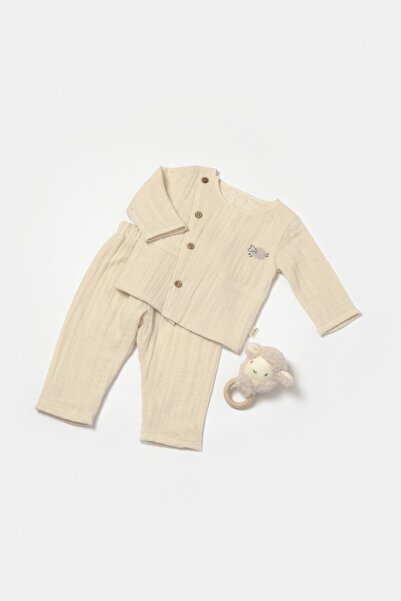 BabyCosy Set bluza cu nasturi si pantaloni, Winter muselin, 100% bumbac - Stone