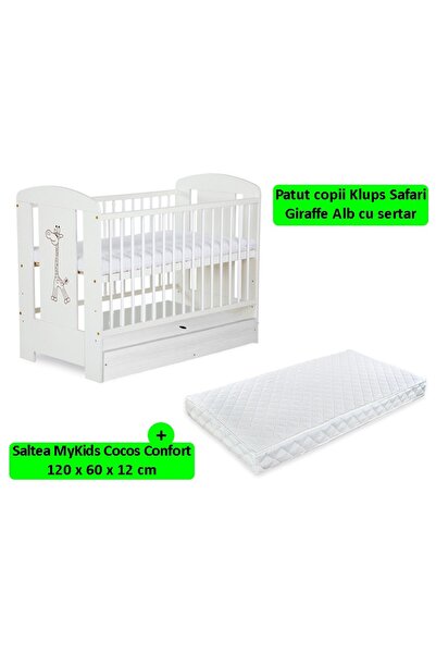 Klups Patut Cu Sertar Safari Giraffe Alb + Saltea 12 MyKids