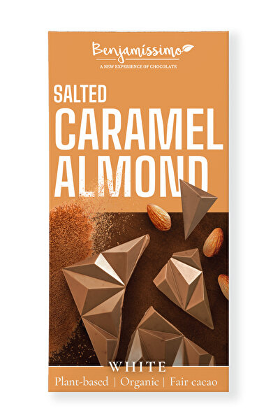 JollyMag Ciocolata alba cu migdale si caramel sarat, bio, 60g, Benjamissimo