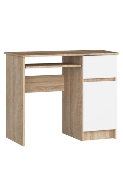 CUBIKA Birou calculator, placa laminata, 1 sertar, 3 rafturi, stejar si alb, ...