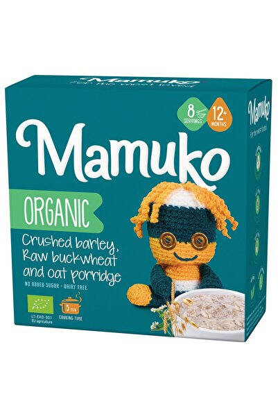 Mamuko Terci cu 3 cereale: fulgi de ovăz, hrișcă și orz bio, 12+ luni, 200 g