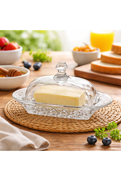 Dania طبق زبدة زجاجي فاخر بغطاء – مقاس 18 سم × ارتفاع 10 سم ✨