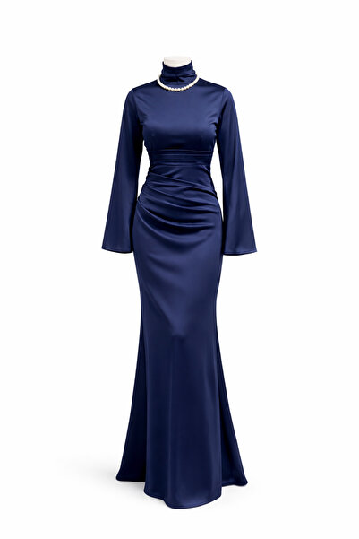 Tarzım Tuba Premium Lacivert Zara Saten Drapeli İspanyol Kol Tesettür Abiye