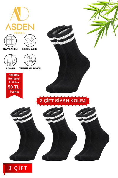 ASDEN Unisex Bambu Kolej Tenis Çorap Premium, Beyaz Çizgili 3'lü Paket