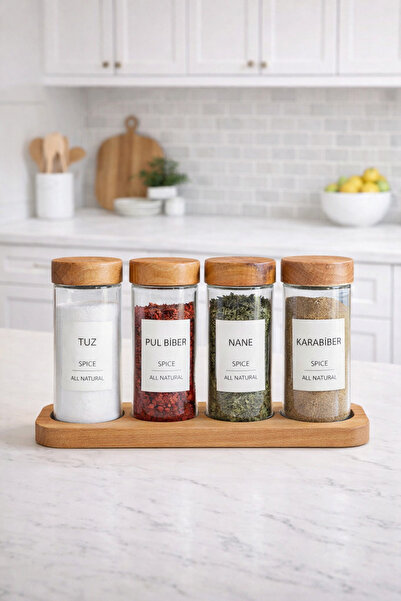 Janset Akasya kapaklı stantlı 4lü cam baharatlık\baharat etiketi hediyeli