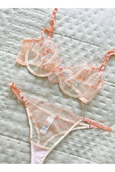 Pamiora Somon Nakışlı Şeffaf Tül Balenli B Kap Sütyen Takımı