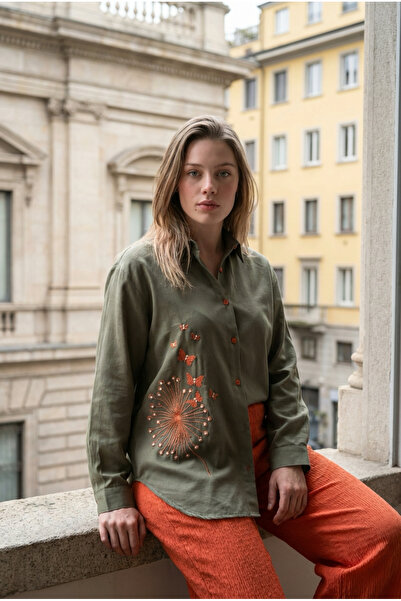 MAABMODA قميص نسائي مطرز على شكل فراشة باللون الأخضر