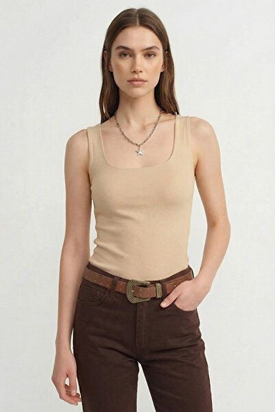 Qaju Satin Tank Top - Blouse with Round Neck and Chest Inserts - Tan