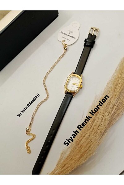 QUARTZ Marka Vintage Çelik Gold Kasa Minimal Kare Model Siyah Renk Kordon Gol...