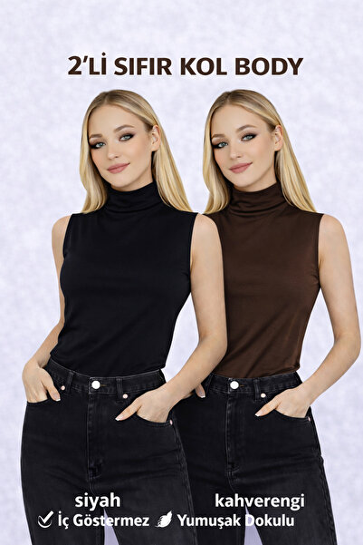 RDK Giyim Kadın Sıfır Kol Boğazlı Body 2'li Set - Siyah Kahverengi