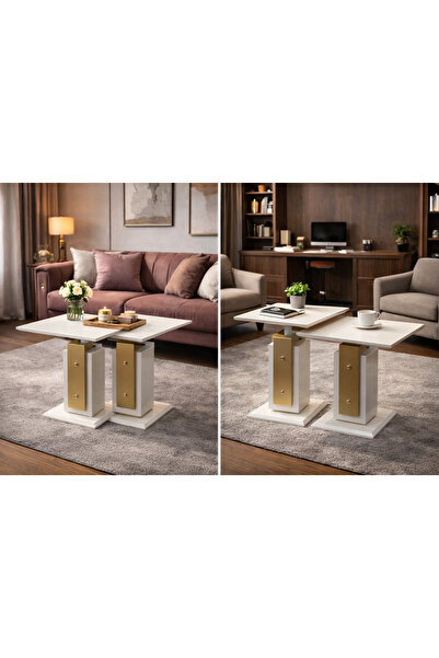 Gold Design DİVA model ikili avangarde krem-gold  yan sehpa 50-55 cm