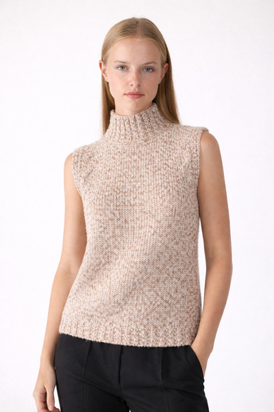 Ferraro Pulover de damă, bej, cu guler în picioare, tricotaj din lână