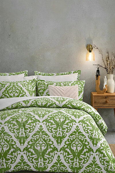 İQON طقم غطاء لحاف مطاطي مزدوج باللون الأخضر - داماسك داماسكو