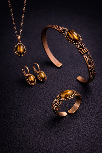 İyyaKee Kadın Bileklik Kolye Küpe Yüzük Takım Seti Doğal Kaplan Gözü Taşlı Ko...