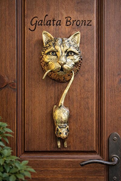 Galata Bronz El Yapımı Kedi Fare Kapı Tak Tak