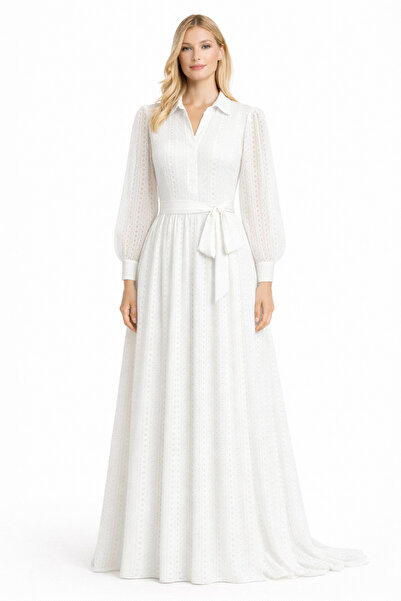 MERT ERKAN فستان قميص طويل أنيق وشريط أبيض من الدانتيل وحزام