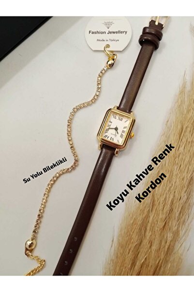 Essole Retro Minimal Model Koyu Kahve Renk Kordon Gold Kasa Kadın Kol Saati -...