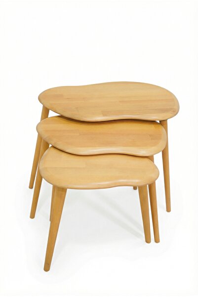 BAUPOR Doğal Ahşap Zigon Sehpa, Masif 3'lü Set, Modern Masif Yan Sehpa