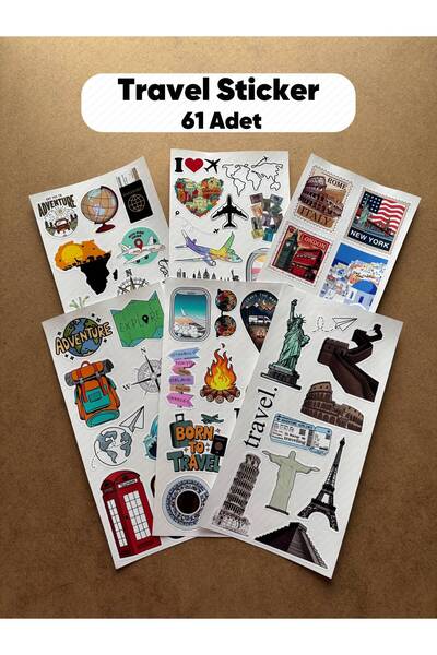 hdsticker 61 Adet Travel Seyahat Temalı Sticker Seti - Gezi, Valiz, Laptop, D...