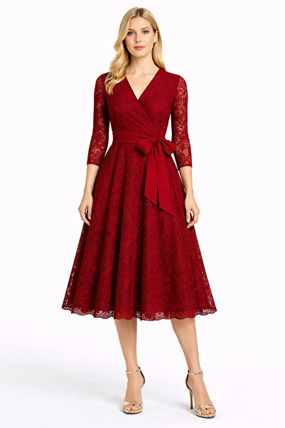 UNTIMELY بأزرار على الجهتين فستان دانتيل ميدي بحزام وربطة عنق